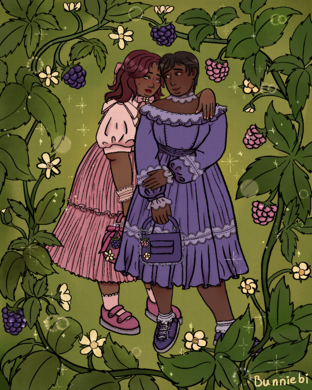 illustration of two fat women in berry themed frilly dresses leaning against each other